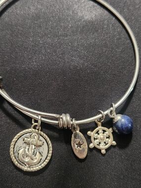 Unwritten Silver Tone Nautical Charm Bangle Bracelet Anchor Ship Wheel Strength